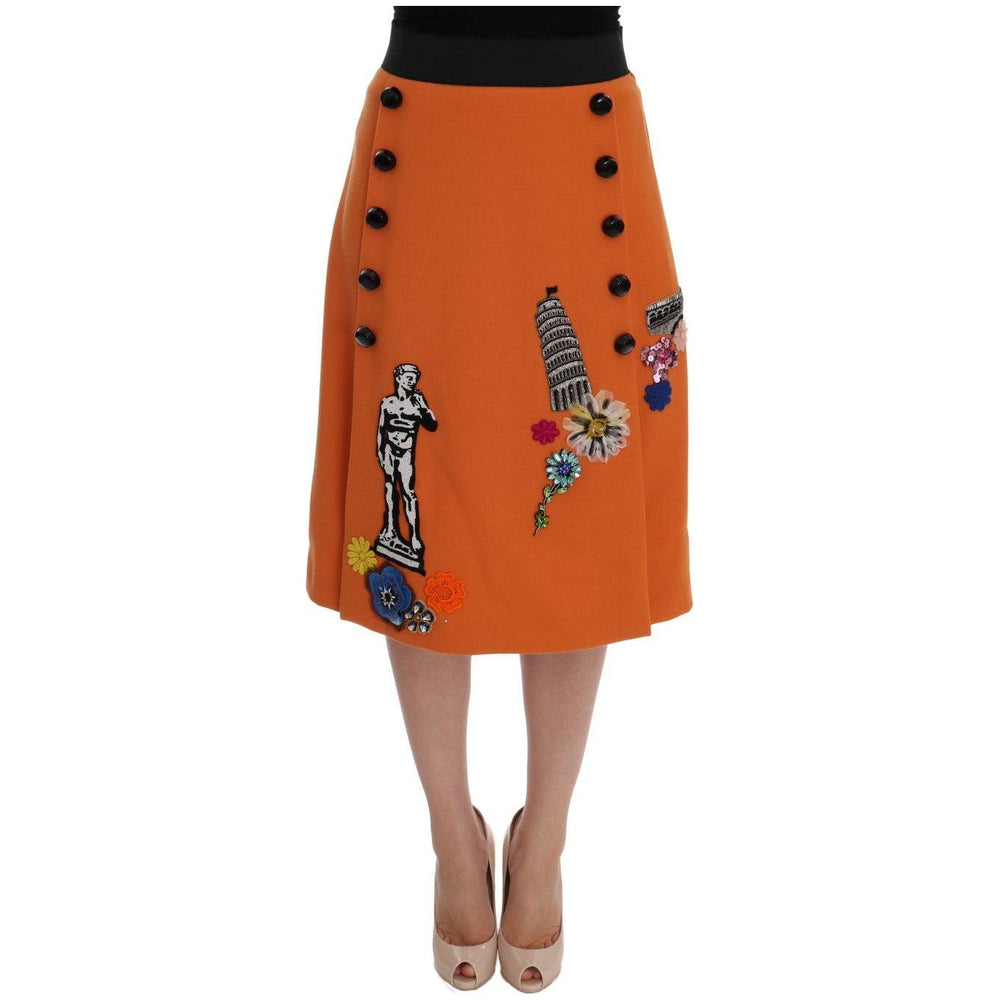 Dolce & Gabbana Orange Wool Crystal Sequin Appliques Skirt SKI1009-3