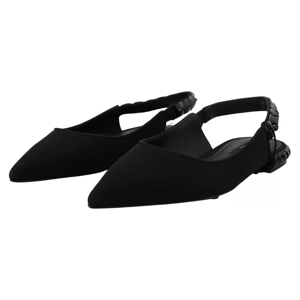 Dolce & Gabbana Black Flats Crystal Slingback Charmeuse Shoes LA10051-36