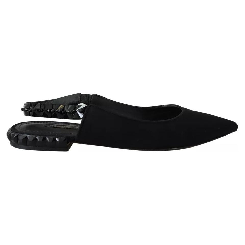 Dolce & Gabbana Black Flats Crystal Slingback Charmeuse Shoes LA8980-37