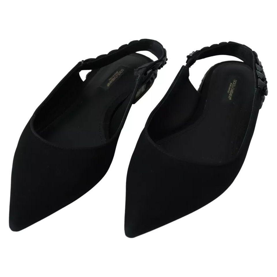 Dolce & Gabbana Black Flats Crystal Slingback Charmeuse Shoes LA8980-37