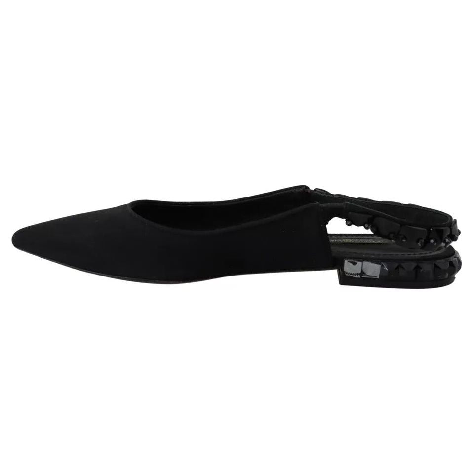 Dolce & Gabbana Black Flats Crystal Slingback Charmeuse Shoes LA8980-37