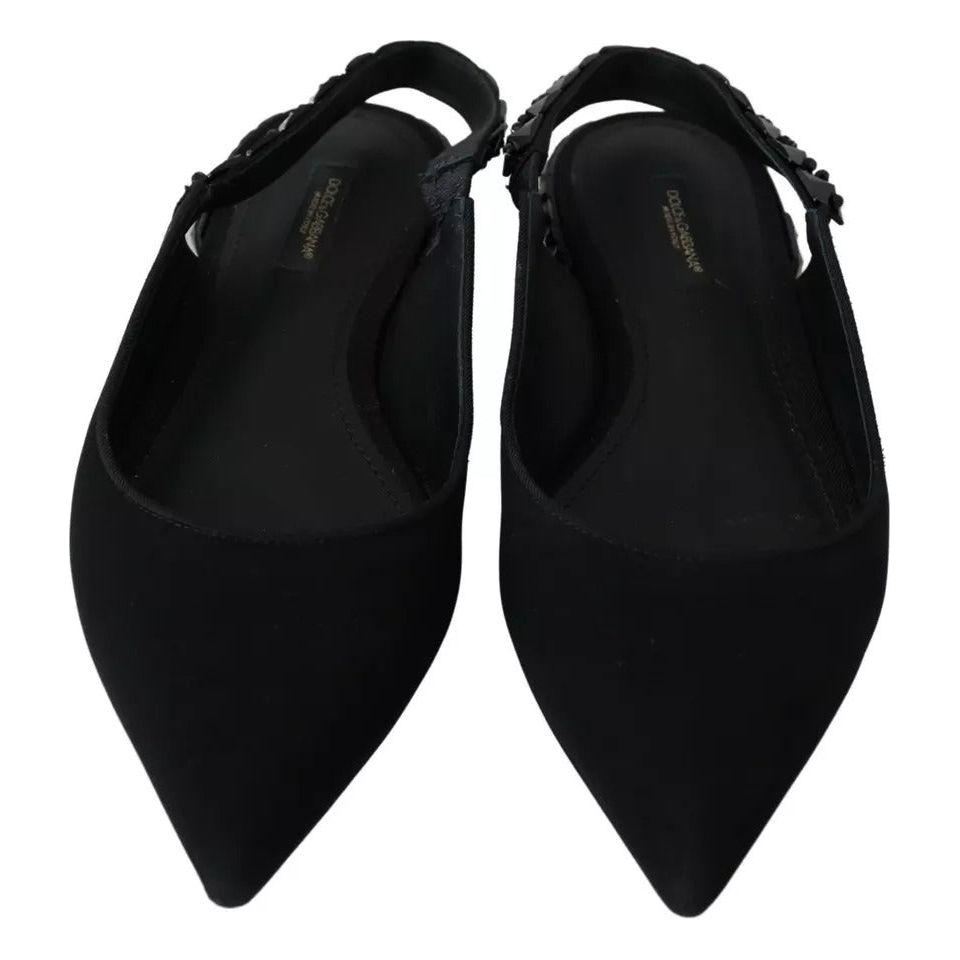 Dolce & Gabbana Black Flats Crystal Slingback Charmeuse Shoes LA8980-37