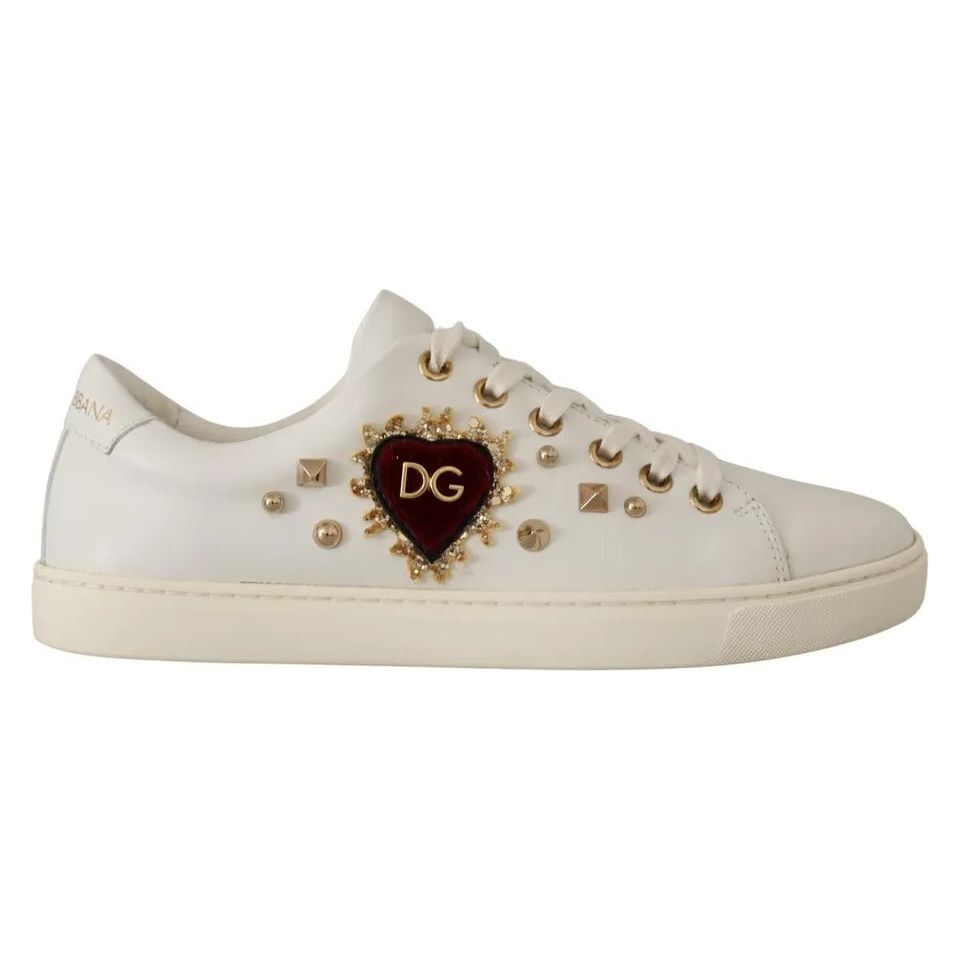 Dolce & Gabbana White Leather Gold Red Heart Sneakers Shoes LA9896#2-36