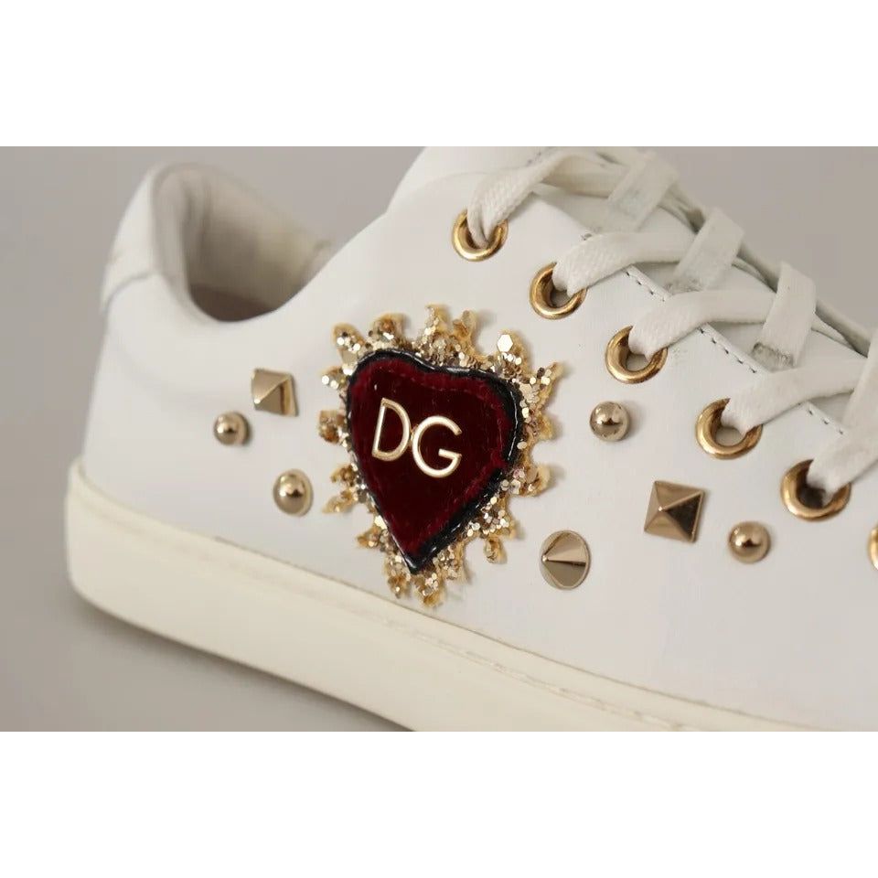 Dolce & Gabbana White Leather Gold Red Heart Sneakers Shoes LA9896#2-36