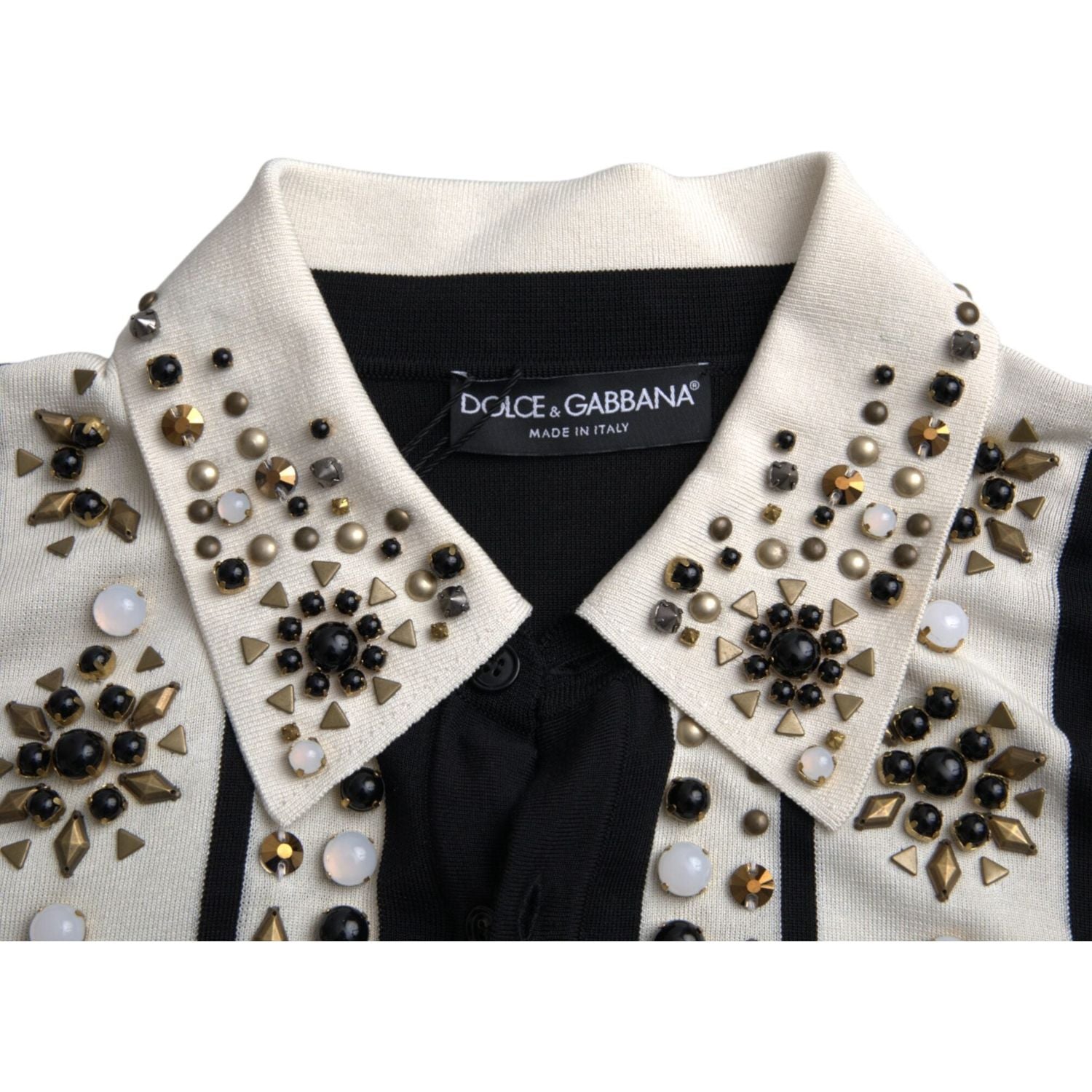 Dolce & Gabbana White Black Silk Studded Stone Crystal Shirt