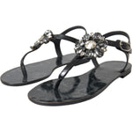 Dolce & Gabbana Black Crystal Flats Sandals Flip Flops Shoes LA10973-35