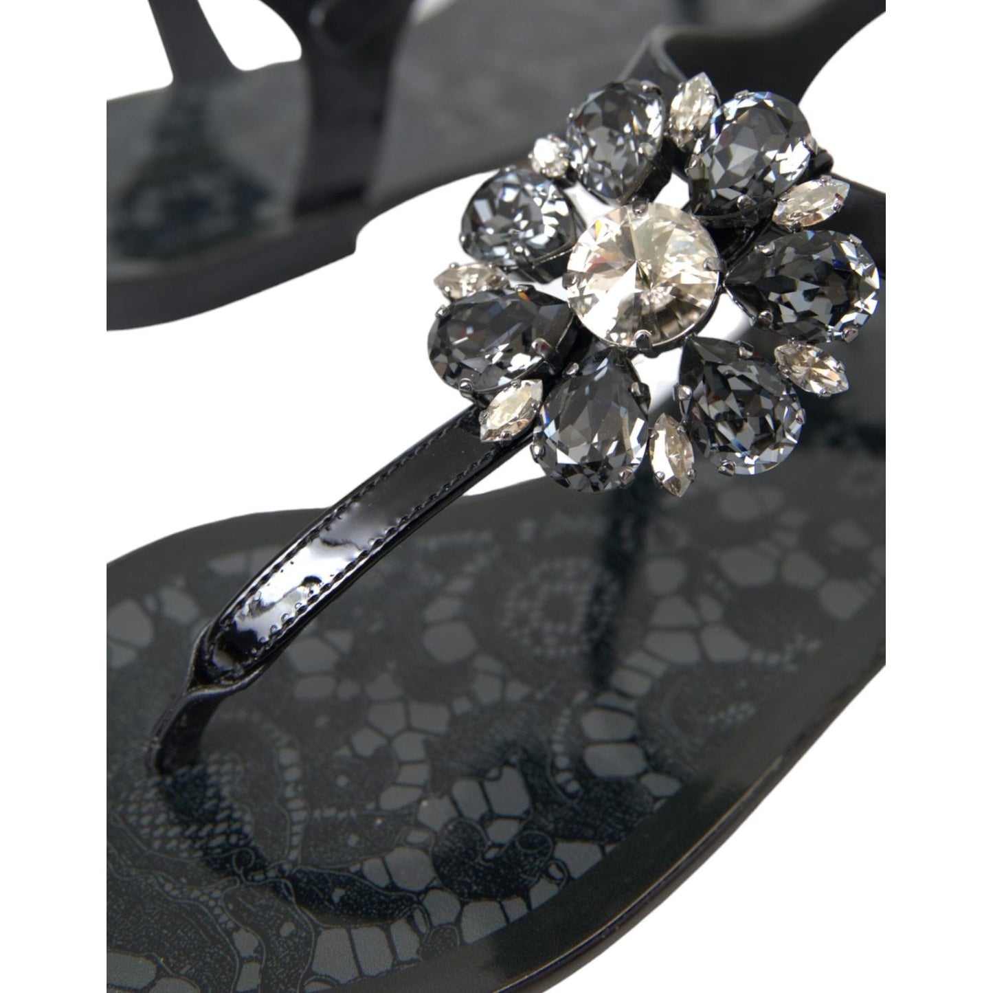Dolce & Gabbana Black Crystal Flats Sandals Flip Flops Shoes LA10973-35