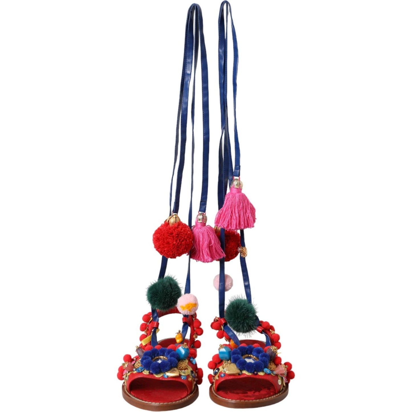 Dolce & Gabbana Multicolor Pom Pom Fur Wrap Sandals Shoes LA11080-35