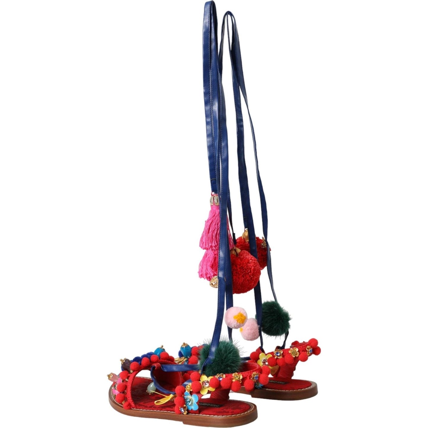 Dolce & Gabbana Multicolor Pom Pom Fur Wrap Sandals Shoes LA11080-35