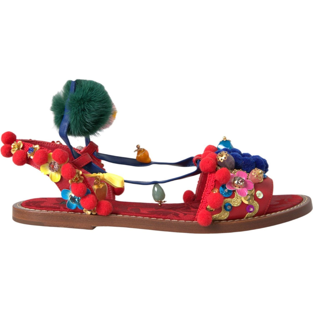 Dolce & Gabbana Multicolor Pom Pom Fur Wrap Sandals Shoes LA11080-35