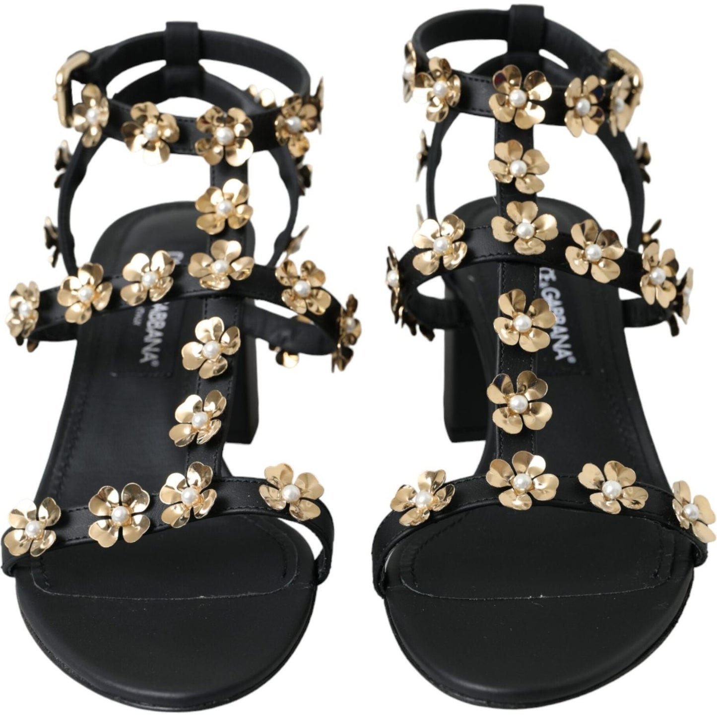 Dolce & Gabbana Black Leather Embellished Heel Sandal Shoes LA11207-39