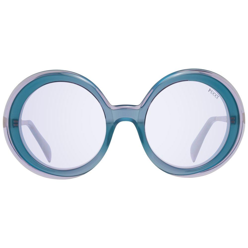 Emilio Pucci turquoise round women's sunglasses with full-rim, purple lenses, metal and plastic frame, UV protection, size 57-23-135.
