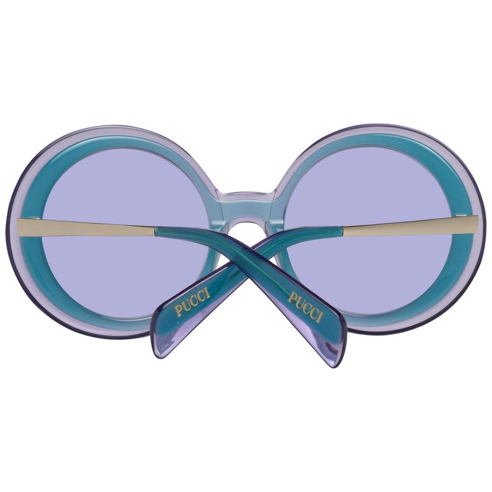 Emilio Pucci turquoise women's sunglasses with round full-rim frame, purple lenses, metal and plastic, 100% UVA/UVB protection.