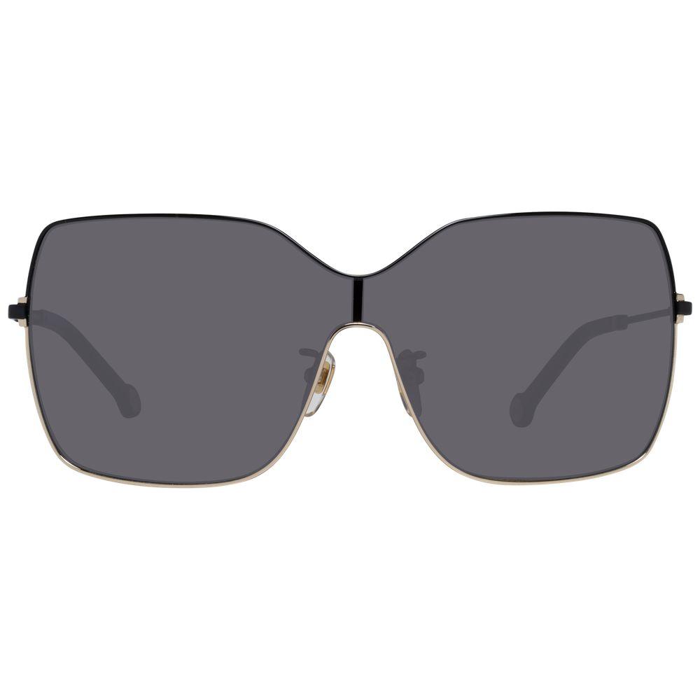 Carolina Herrera black sunglasses for women with grey lenses, metal frame, full-rim design, 100% UVA & UVB protection, includes branded case.