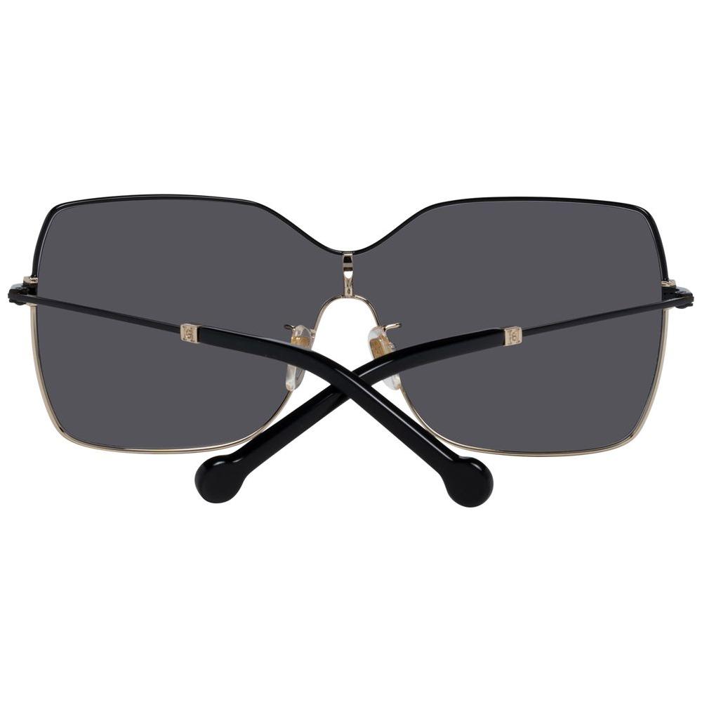 Carolina Herrera black women sunglasses, metal frame, grey plastic lenses, full-rim style with 100% UVA & UVB protection.