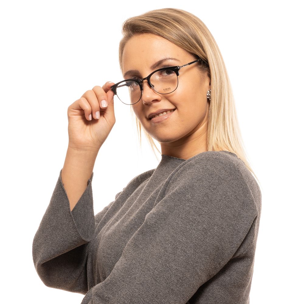Person wearing Lozza Black Unisex Glasses Frame, round full-rim style, metal and plastic material, demo lenses, 52-20-140 size.