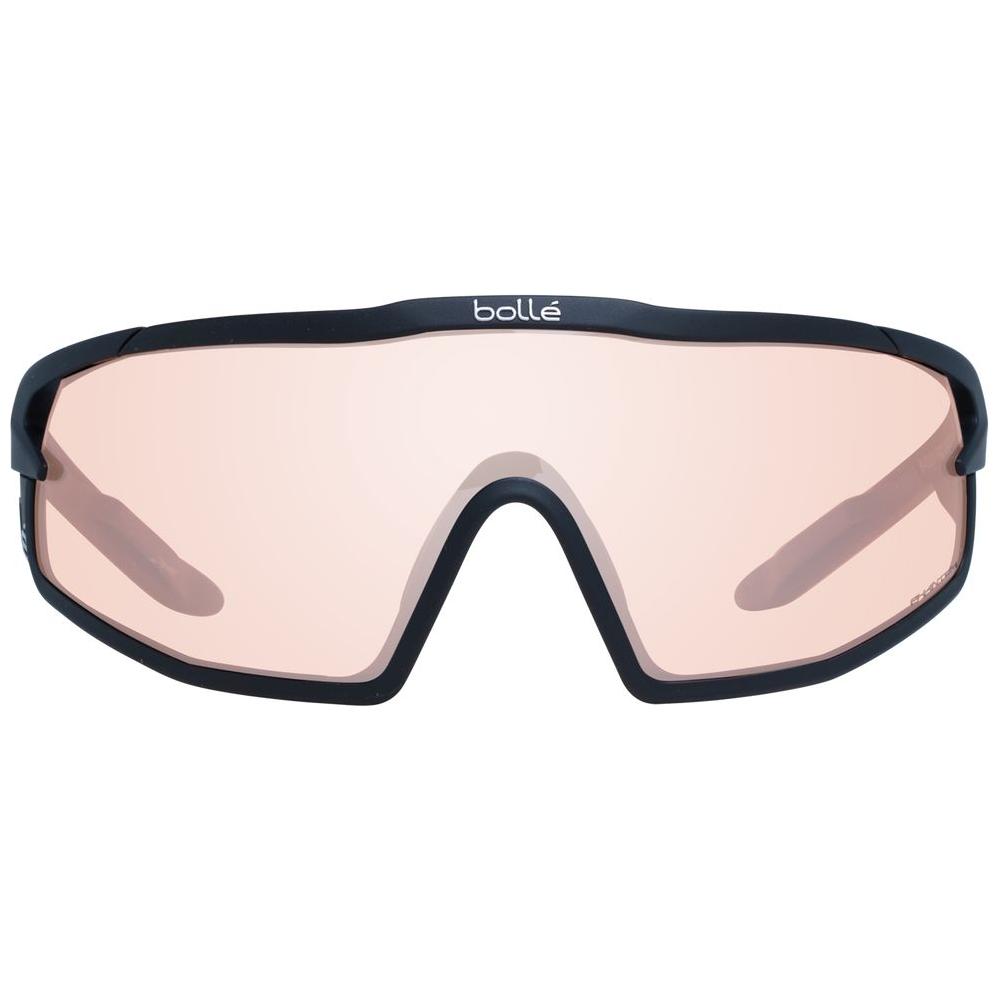 Bolle unisex sunglasses in black with rose mirrored lenses, full-rim plastic frame, 100% UV protection, 170mm lens width, and branded case.