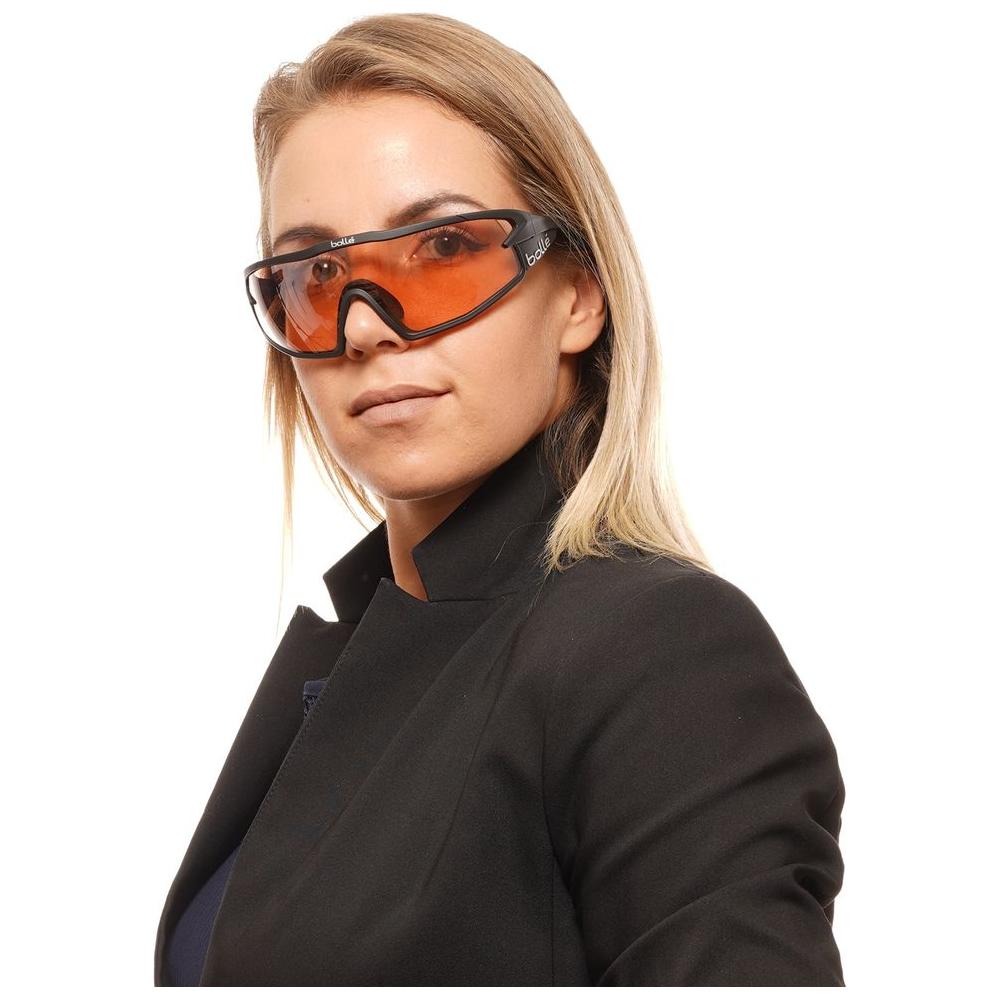 Person wearing Bolle Black Unisex Sunglasses with rose mirrored lenses and full-rim plastic frame, providing 100% UV protection.