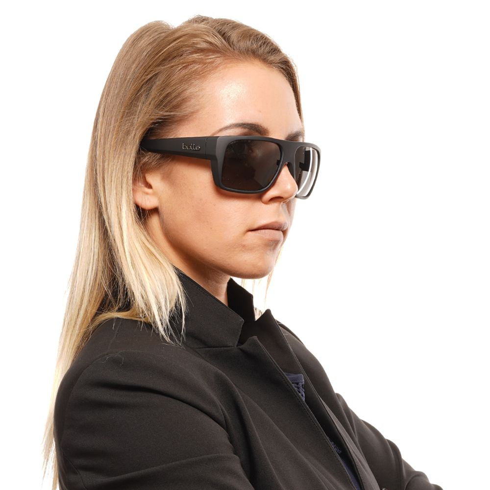 Bolle black unisex sunglasses with polarized grey lenses, plastic frame, full-rim style, offering 100% UVA & UVB protection.