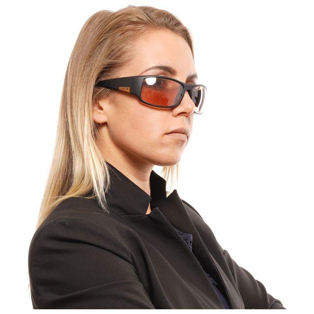 Woman wearing Bolle black unisex sunglasses with brown mirrored lenses and full-rim style.