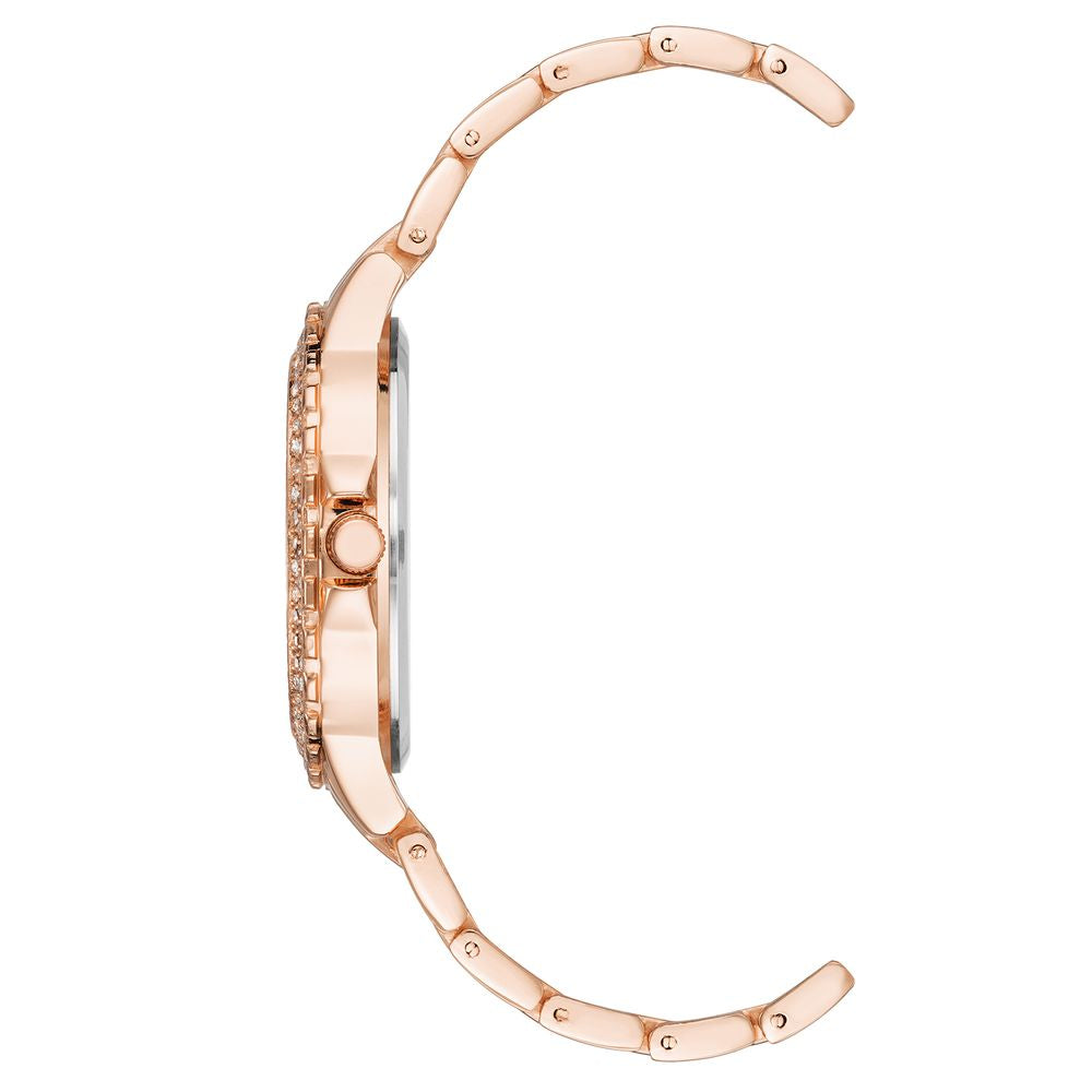 Side view of Juicy Couture Rose Gold Women's Watch with metal wristband and rhinestone facing, showcasing elegant design.