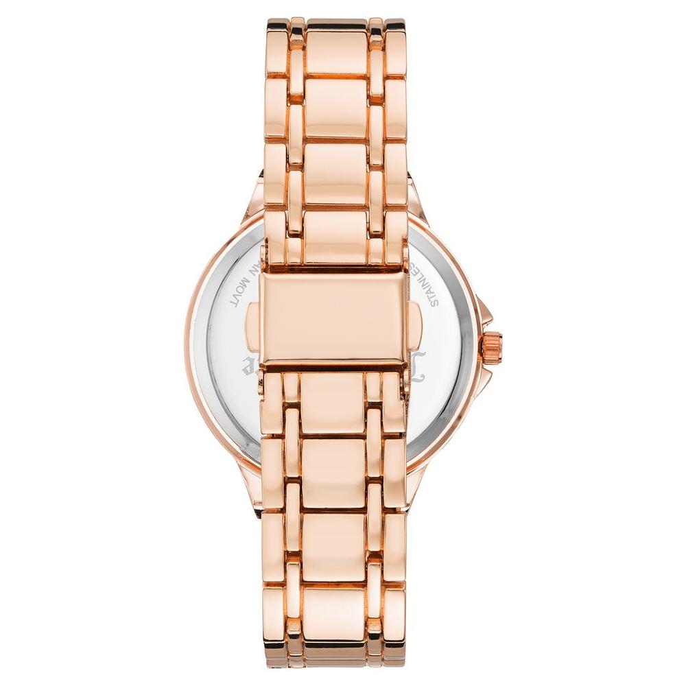 Rose Gold Juicy Couture Women's Watch with Metal Strap and Folding Clasp, Back View Showing Quartz Analog Design.