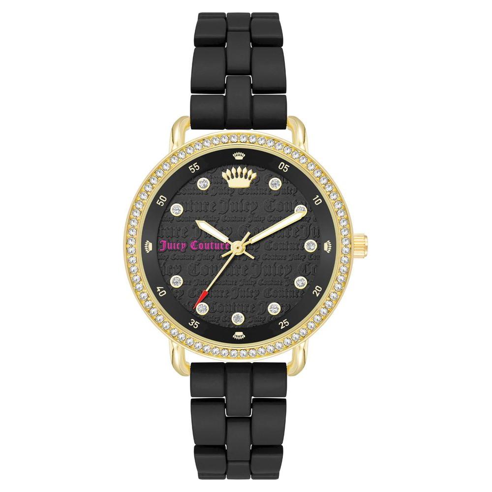 Juicy Couture gold women's analog watch with black metal wristband, rhinestone accents, and folding clasp.