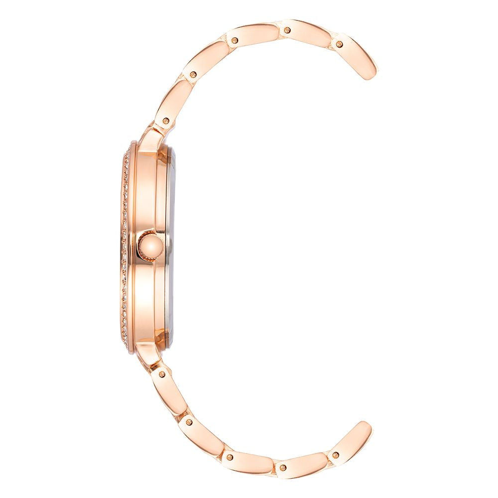 Side view of Juicy Couture Rose Gold Women's Watch with quartz movement and metal strap, featuring rhinestone embellishments.