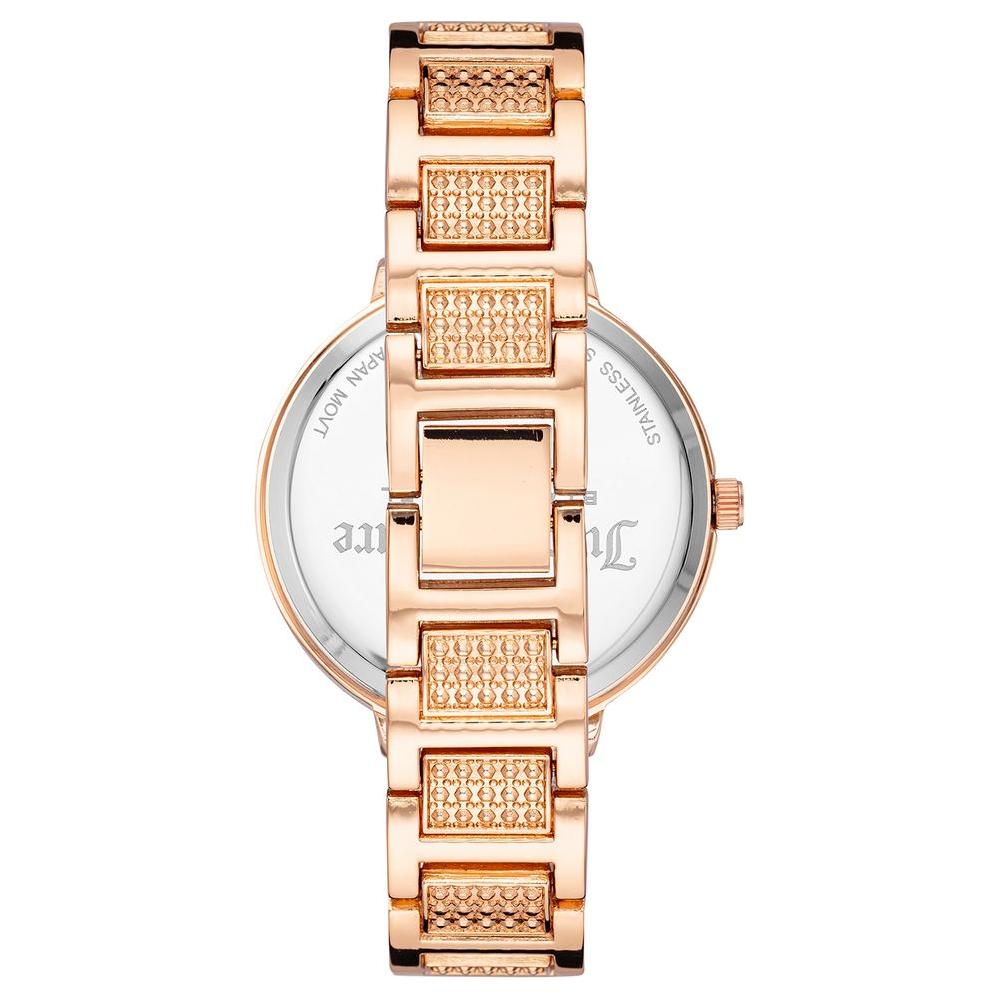 Back view of Juicy Couture Rose Gold Women's Watch with metal wristband and jewelry clasp.