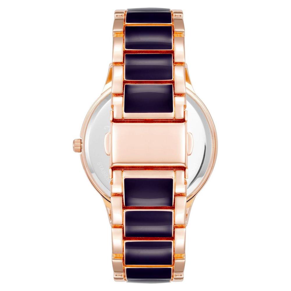 Back view of Juicy Couture rose gold women's watch with multicolor metal wristband and folding clasp.