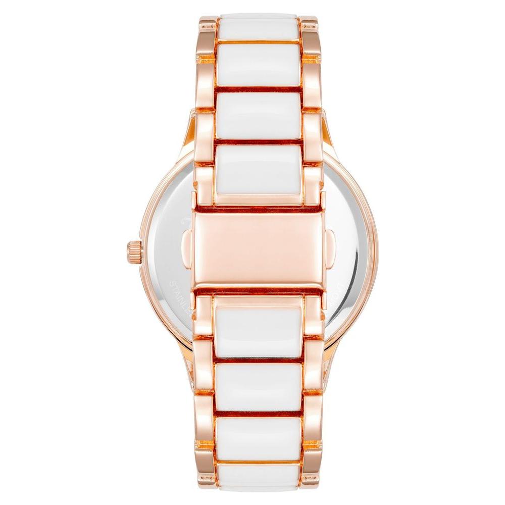 Back view of Juicy Couture Rose Gold Women's Watch with metal and white strap.