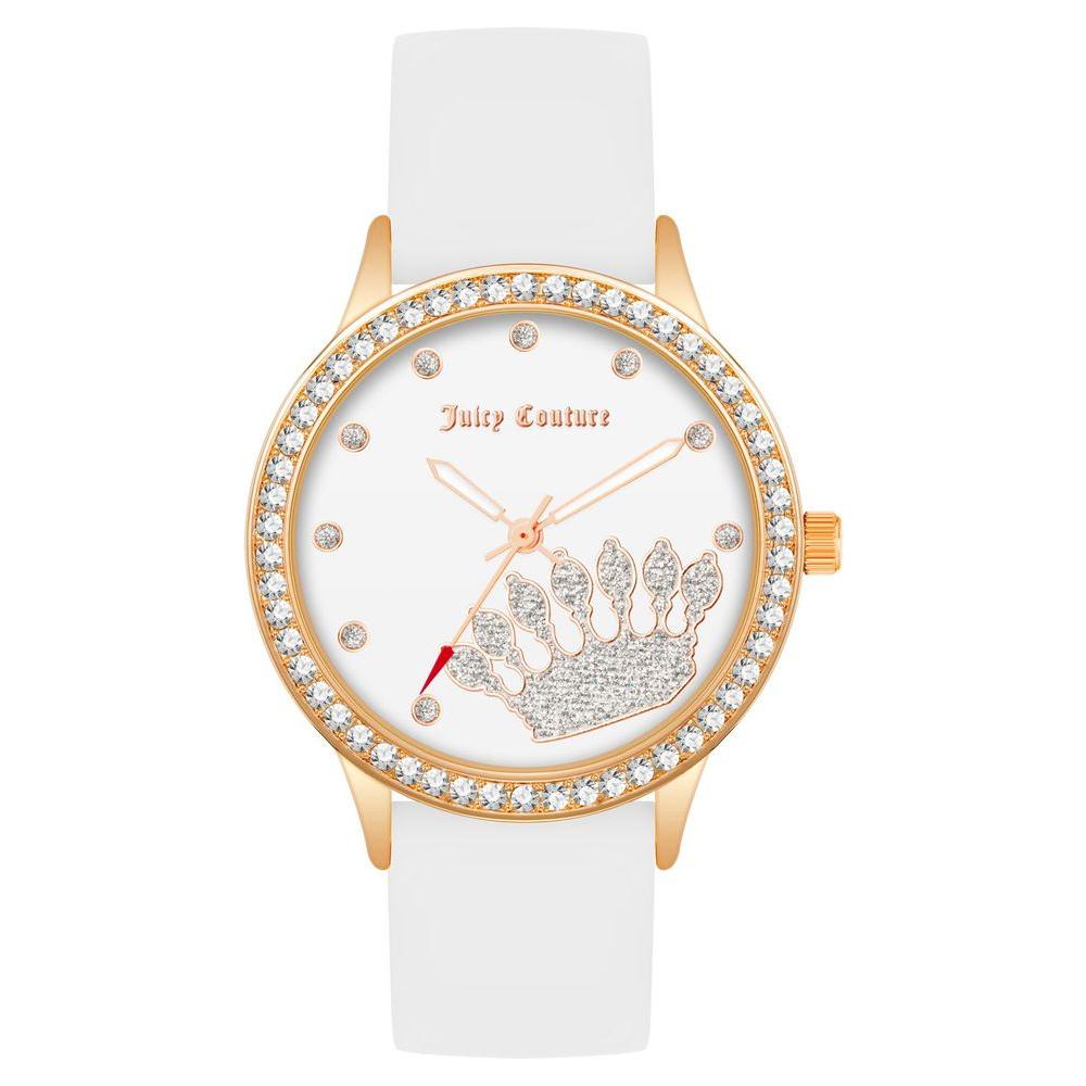 Juicy Couture rose gold women's quartz watch with rhinestone face, white silicone strap, and fashion style, analog display.