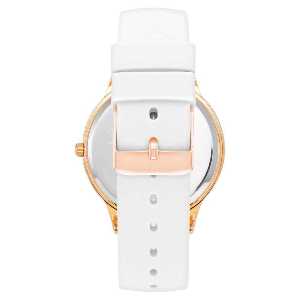 Back view of Juicy Couture Rose Gold Women's Watch with white silicone strap and pin buckle closure.