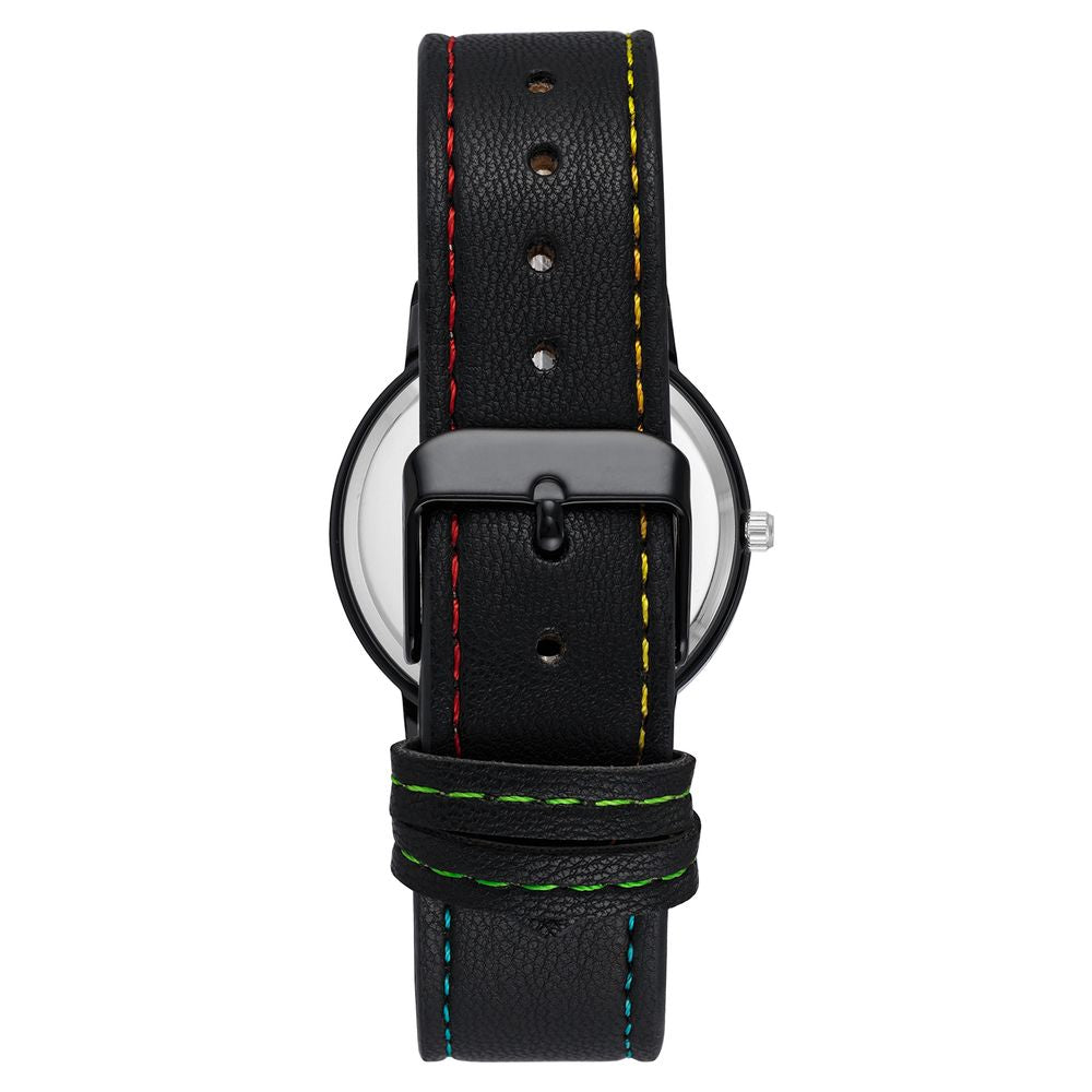 Black leatherette wristband with colorful stitching on Juicy Couture women's watch, featuring a black metal case and pin buckle closure.