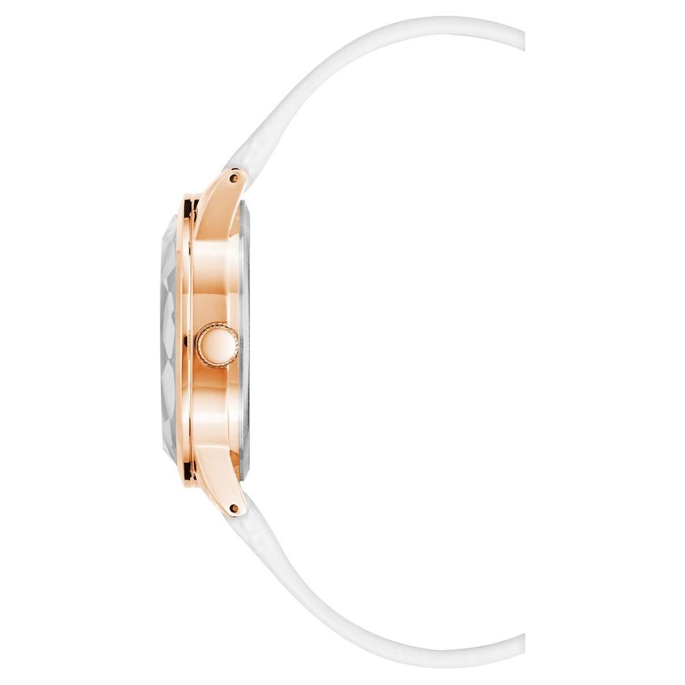 Side view of Juicy Couture Rose Gold Women's Watch with white leatherette strap, quartz movement, and rhinestone accents.