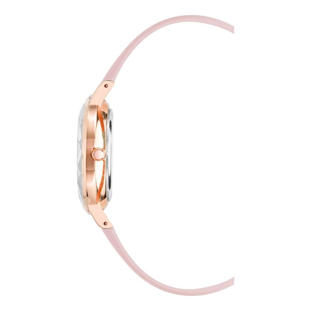 Side view of Juicy Couture Rose Gold Women's Watch with leatherette strap, analog display, and pin buckle closure.