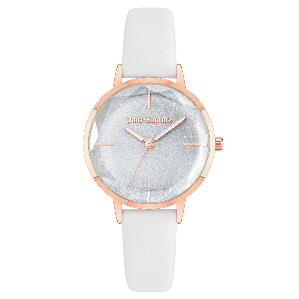 Juicy Couture women's watch in rose gold with white leatherette strap, quartz analog display, fashion style.