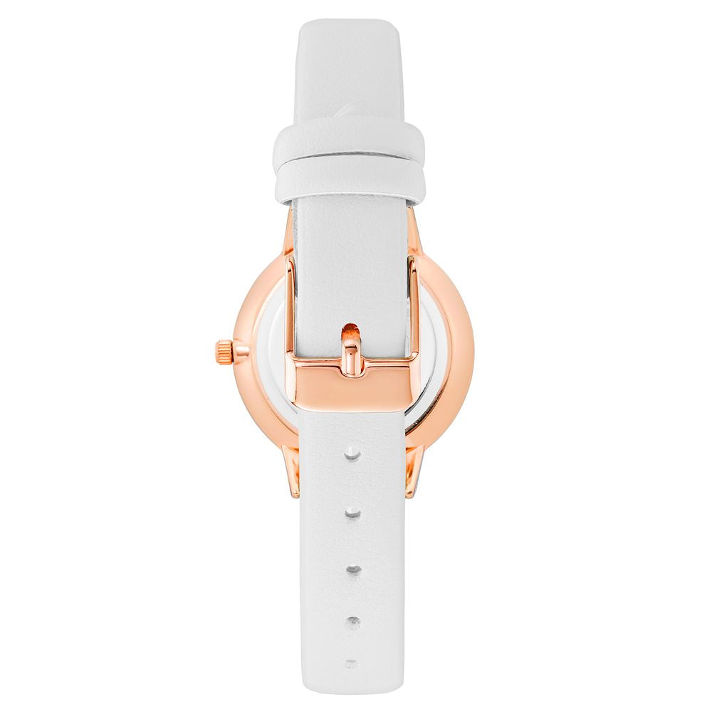 Back view of Juicy Couture rose gold women's watch with white leatherette strap and pin buckle closure.