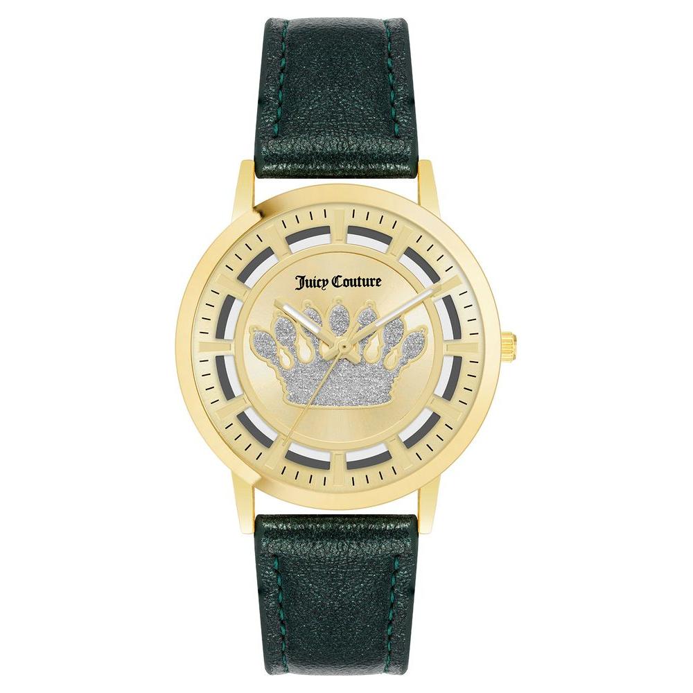 Juicy Couture gold women's watch with green leatherette strap, quartz analog display, and no extra functions.