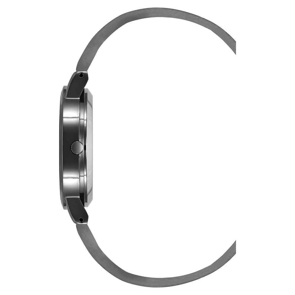 Side view of Juicy Couture Gray Women's Watch with gunmetal case and leatherette strap.