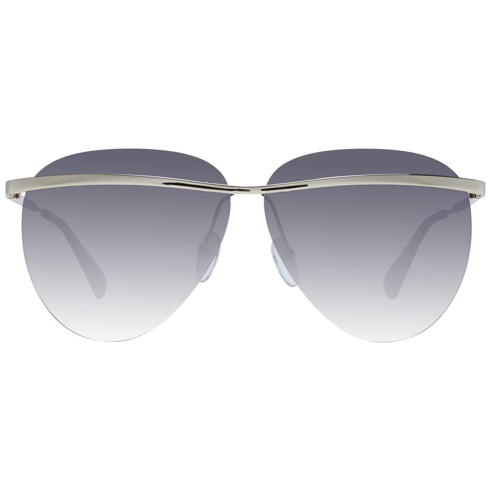 Max & Co gold aviator sunglasses with grey gradient lenses, metal frame, rimless design, UV protection, and branded case included.