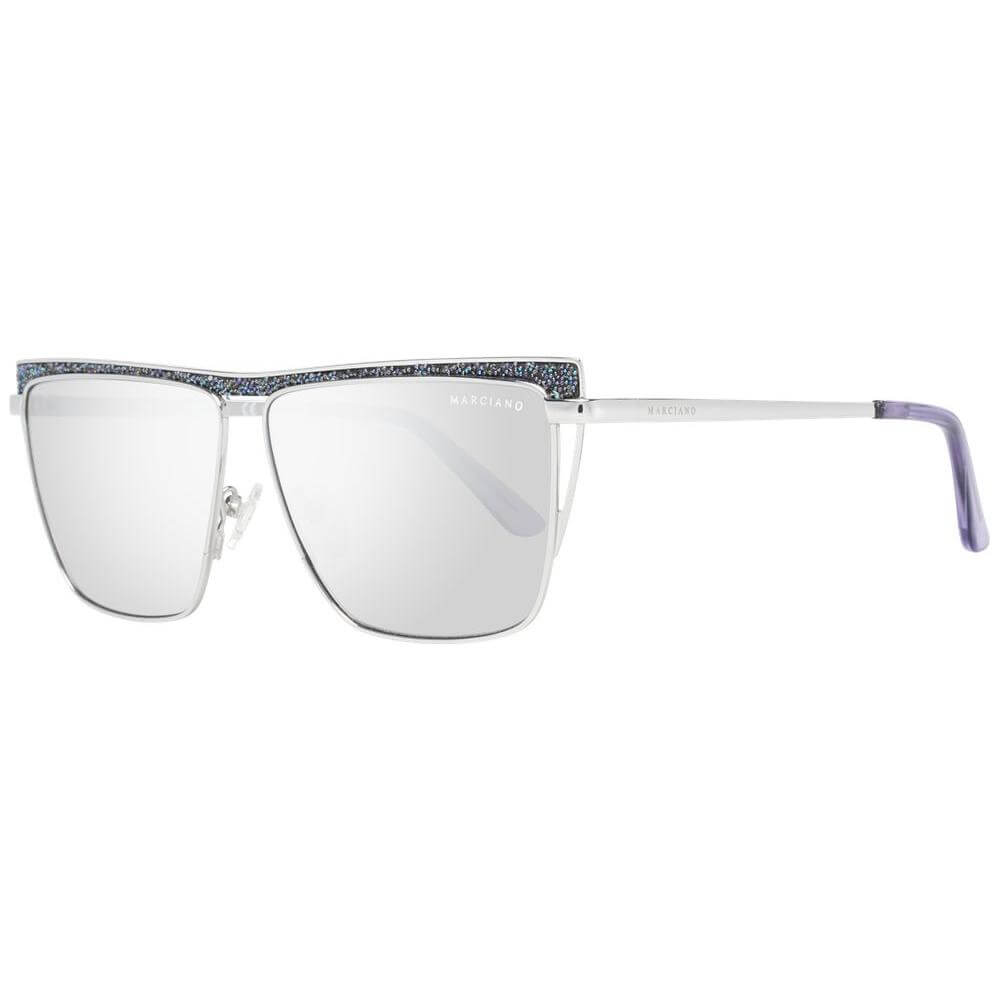Marciano by Guess silver trapezium sunglasses for women, metal frame, yellow mirrored lenses, 100% UVA & UVB protection.