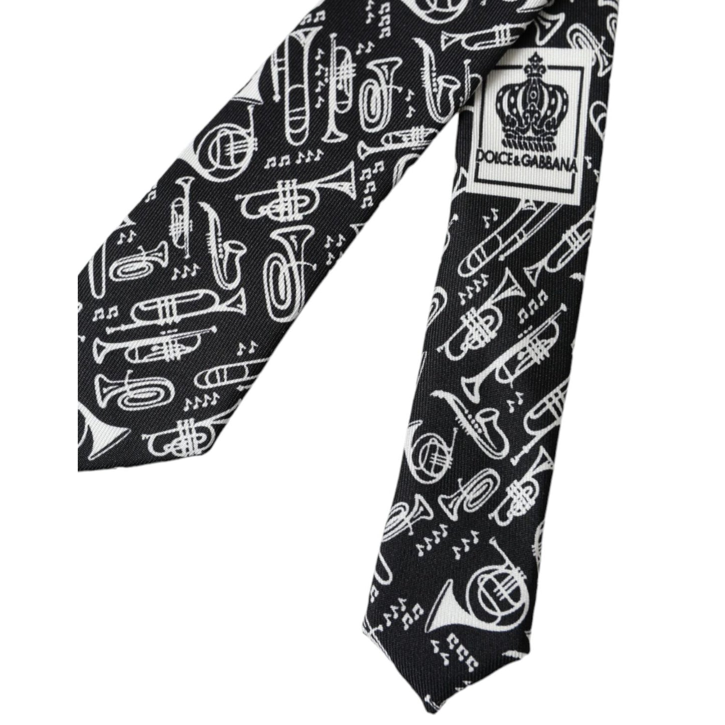 Dolce & Gabbana Black Trumpet Print Silk Adjustable Tie