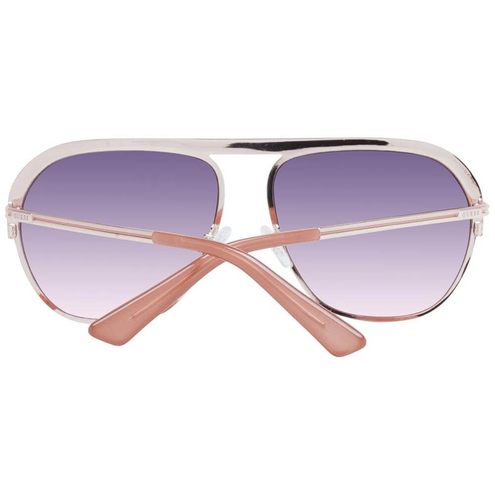 Guess rose gold unisex aviator sunglasses with purple gradient lenses, metal frame, and included branded case.