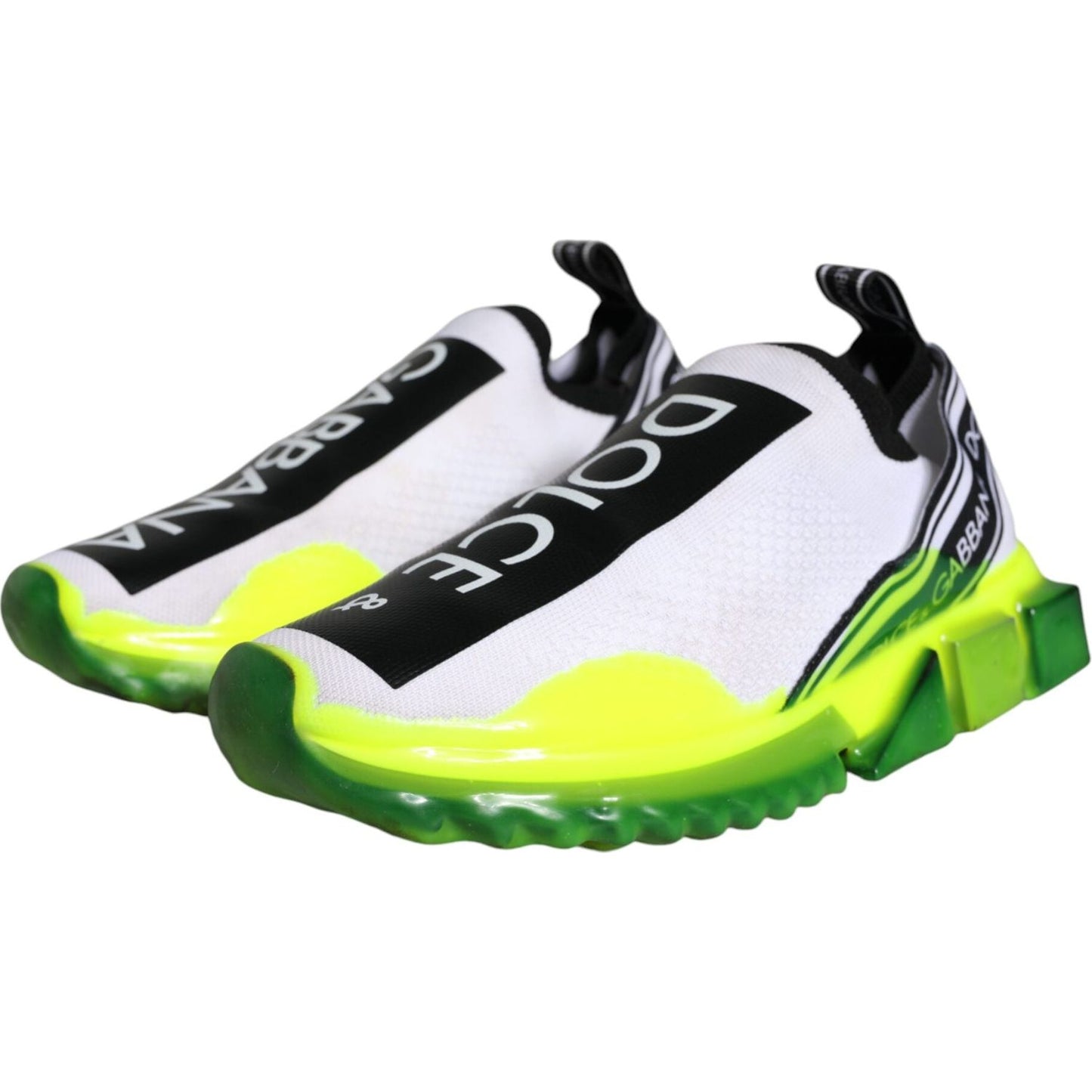 Dolce & Gabbana Sorrento sneakers in white, yellow, and black with logo print and rubber sole, featuring a fabric pull strap.