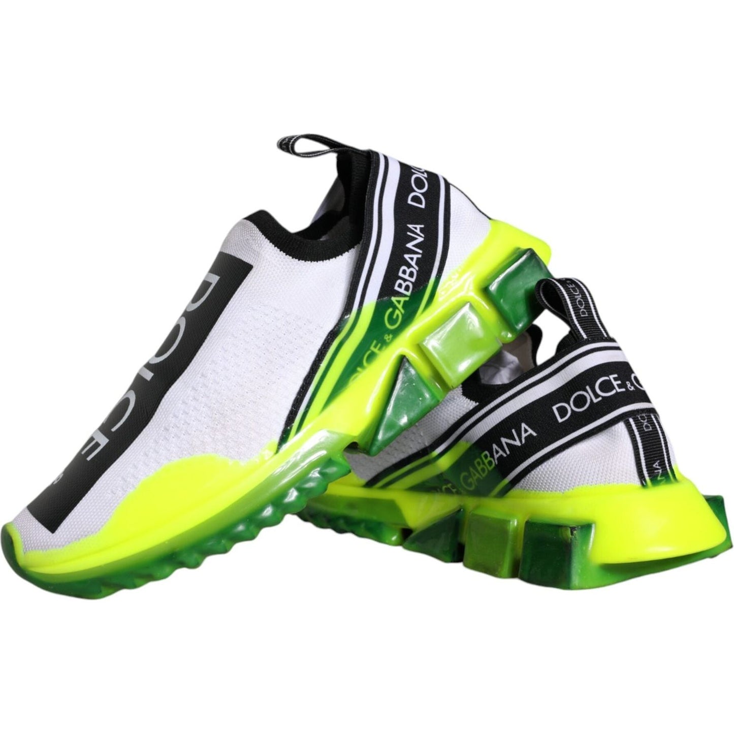 Dolce & Gabbana Sorrento Sneakers in white, yellow, and black, featuring logo print and rubber sole, shown with pull strap and decorative features.