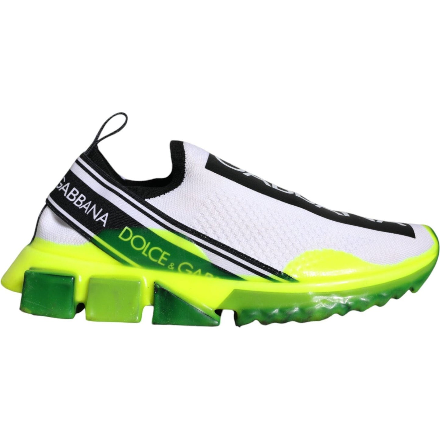 Dolce & Gabbana white yellow Sorrento slip-on sneakers with logo and black decorative sole.