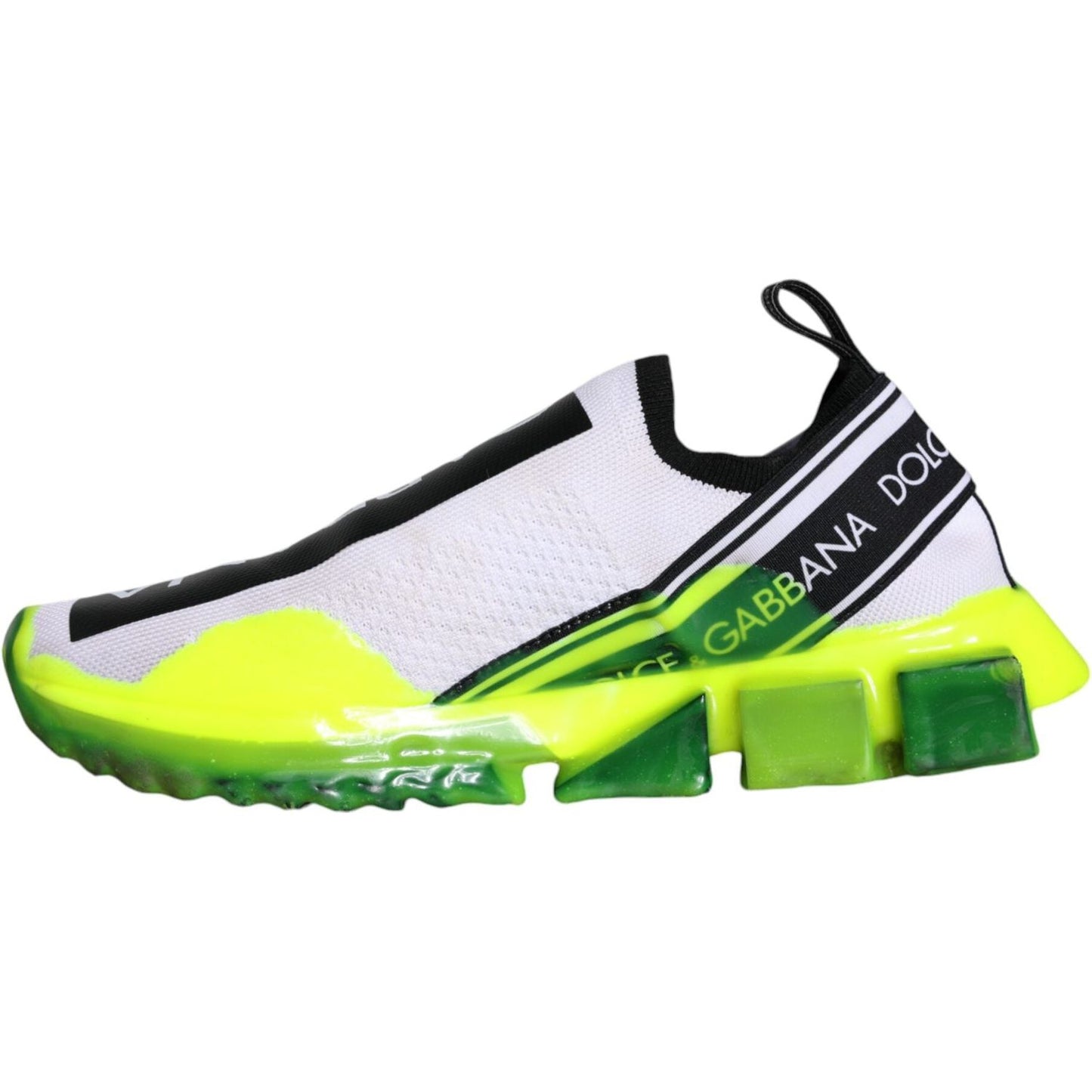 Dolce & Gabbana Sorrento sneakers in white, yellow, and black with logo print and black rubber sole. Stylish slip-on design.
