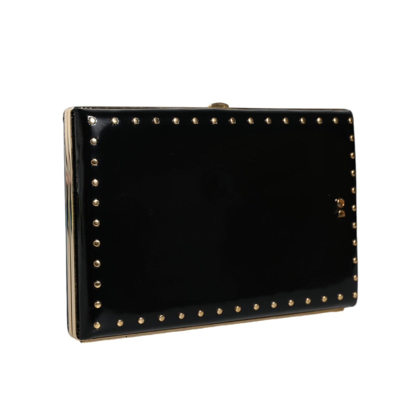 Dolce & Gabbana Black Leather Studs Gold Frame Clutch Evening Purse Bag BAG1531