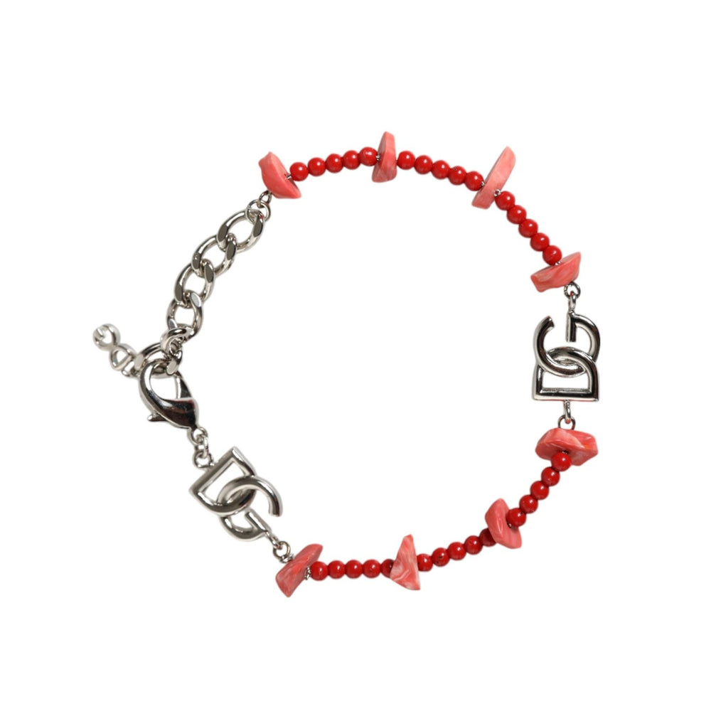 Dolce & Gabbana Silver Tone Brass Beaded Resin DG Logo Chain Bracelet SMY10383